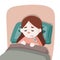 Sick child girl lying in bed with a thermometer in mouth and feel so bad with fever, vector cartoon illustration