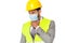 Sick engineer in hardhat and medical mask touching neck