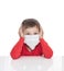 The sick five-year-old boy sits at a white table with medicine healthcare mask for is protection again virus