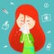 Sick girl. Allergy kid sneezing. Vector cartoon illustration. ill child with flu or virus. Health care concept. Runing