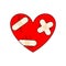 Sick heart with bandages. Wounded heart with plaster