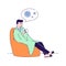 Sick man with a cold disease sitting in a chair with cup flat vector illustration. Symptoms of a cold, fever, influenza. Isolated