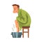 Sick Man with Runny Nose Sitting under Cozy Plaid, Guy Heating his Feet in Basin with Hot Water Cartoon Vector