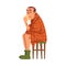 Sick Man Sitting on Chair Wrapped in Plaid, Guy with Flu Wearing Knitted Socks Holding Handkerchief to His Runny Nose