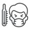 Sick man with thermometer line icon, covid-19 and coronavirus, high temperature sign, vector graphics, a linear icon on