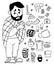 Sick sad bearded man wrapped in blanket with cup. collection of treatment items pills, scarf, hat, gloves, jam, kettle