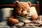 sick teddy bear in bed illustration. Generative AI