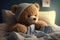 A sick teddy bear lies in a bed. Ai generative
