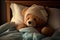 Sick teddy bear lying in bed. Ai generative