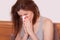 Sick Woman Caught Cold. Sneezing into Tissue. Headache