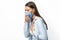 Sick Woman Coughing Having Breathing Difficulty On White Studio Background