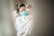 Sick woman with mask in mobile quarantine hospital units isolation.Coronavirus Covid-19 patient having pneumonia disease symptoms