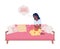 Sick woman relieving period cramps with heating pad semi flat color vector character