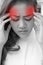 Sick woman suffers from headache, migraine, hangover, stress