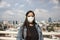 Sick woman wearing mouth covers to avoid contagion in a city like Mexico City, only her honey eyes are exposed, a long-haired worl