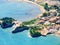 Sidari, Corfu, Greece, aerial view of beach and cliffs.