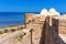 Side of the Borj el Kebir Castle with Mediterranean Sea in Houmt El Souk in Djerba, Tunisia