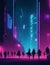 side of building in cyberpunk style, crowd silhouette, night time, neon lights illustration