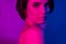 Side profile photo portrait calm girl with naked shoulders wearing bob hairdress isolated neon color background