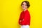 Side profile photo of satisfied gorgeous lovely woman with bob hairstyle wear red shirt hands folded isolated on yellow