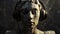 Side profile of a stone statue adorned with headphones, highlighted by striking lighting effects.