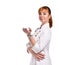 Side shot of positive smiling red-haired woman doctor turning head to camera and holding hand with palm up in voila gesture,