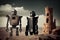 side-by-side, two robots stand guard over their mysterious and unknown fortress