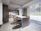 Side table to the kitchen island with designer chairs in a contemporary style kitchen with green walls