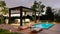Side view 3D render of black outdoor pergola on deck next to swimming pool at sunset