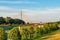 Side view on Ada bridge over symbol of the city of Belgrade and Ada Ciganlija lake