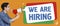 Side view of Asian HR manager with loudspeaker screaming WE ARE HIRING on orange background, collage