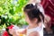 Side view of Asianâ€‹ preschoolâ€‹ childâ€‹ girlâ€‹ watering spray bottle theâ€‹ flowersâ€‹.