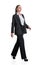 Side view of attractive full length business woman making step, businesswoman wear elegant black suit and high heels. Isolated