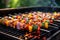 side-view of a barbecue filled with shrimp skewers