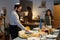 Side view of bearded Jewish man in skullcap serving table for dinner