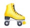 Side view of beautiful bright yellow roller skate with black wheels and laces.