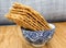 Side view of bio delicious crispbread bread in japanese bowl