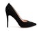 Side view of black suede high heel shoe