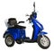 Side view of a blue, three wheel electric scooter