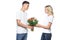 side view of boyfriend presenting bouquet to girlfriend