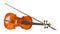 Side view of brown wooden fiddle or violin, classic musical instrument, with bow on white background