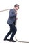 Side view of businessman in suit pulling a rope while standing against white background
