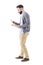 Side view of busy bearded businessman using tablet and smart phone walking
