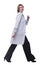 Side view of busy medical doctor woman going sideways