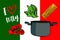 Side view of cartoon pasta ingredients on background of Italian flag colors.