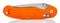 Side view of closed folding pocket knife with textured bright orange composite plastic cover plates on steel handle isolated on