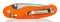 Side view of closed folding pocket knife with textured bright orange composite plastic cover plates on steel handle isolated on