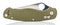 Side view of closed folding pocket knife with textured dark green composite plastic cover plates on steel handle isolated on white