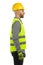 Side view of construction worker in reflective clothes and hardhat. Waist up. Isolated