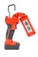 Side view of cordless 12V LED task light with flexible head and retractable hook for hands-free lighting in red and black